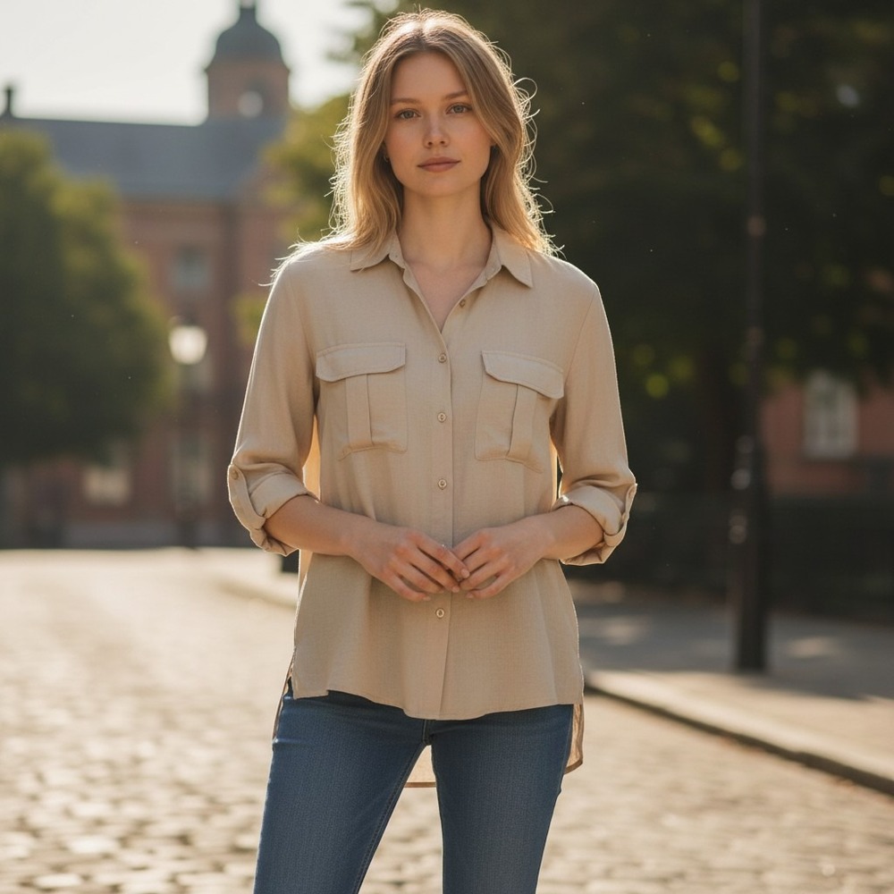 G by Giuliana Womens Large 100% Silk Beige Button Down Blouse Long Sleeve